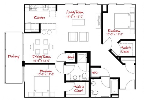 Floor plan for 2 beds, 2 baths, 1129 sqft